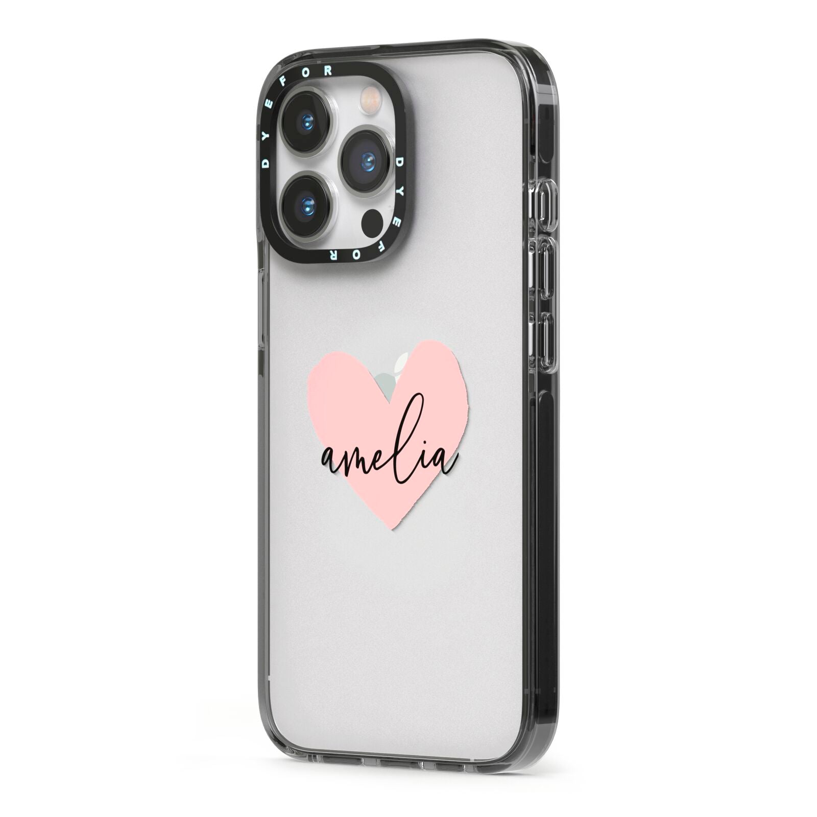 Pink Heart Sketch with Name iPhone 13 Pro Black Impact Case Side Angle on Silver phone