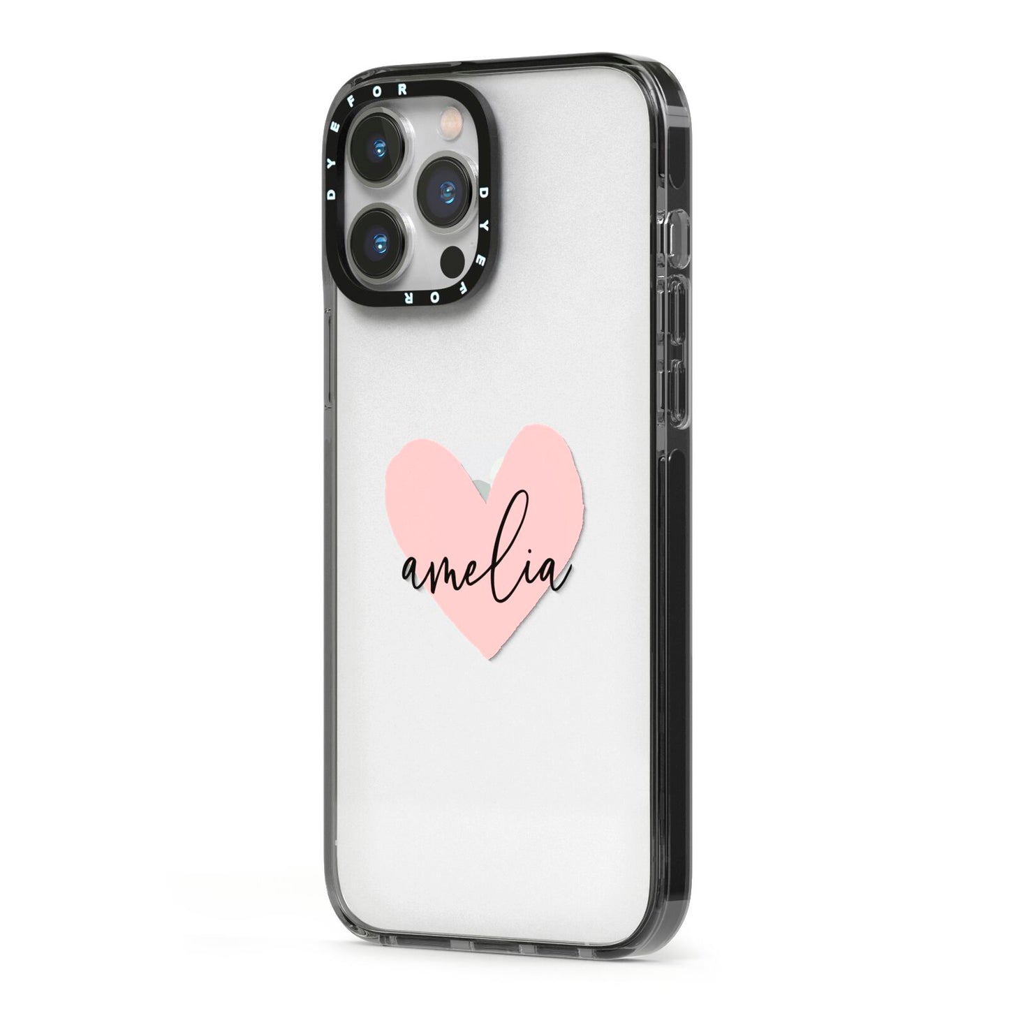 Pink Heart Sketch with Name iPhone 13 Pro Max Black Impact Case Side Angle on Silver phone