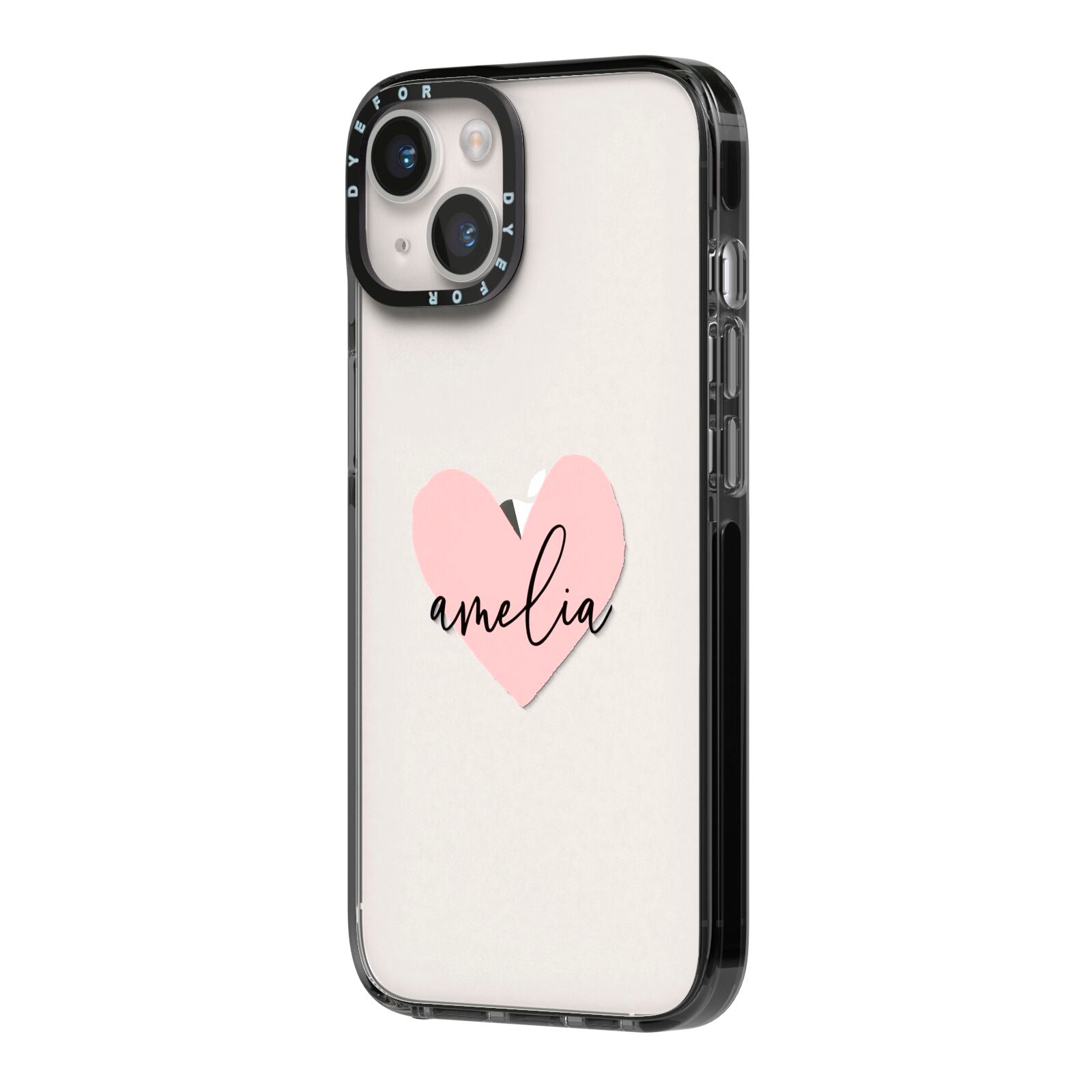 Pink Heart Sketch with Name iPhone 14 Black Impact Case Side Angle on Silver phone