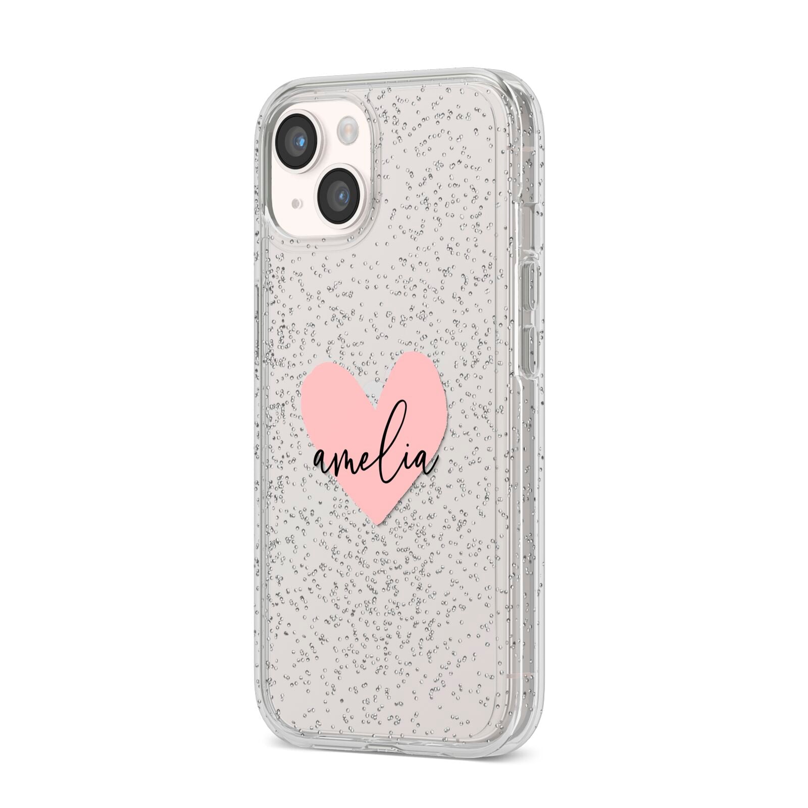 Pink Heart Sketch with Name iPhone 14 Glitter Tough Case Starlight Angled Image