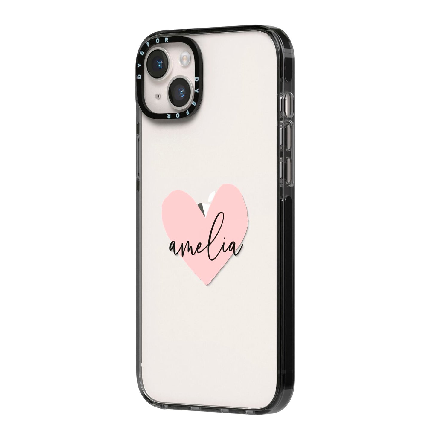 Pink Heart Sketch with Name iPhone 14 Plus Black Impact Case Side Angle on Silver phone