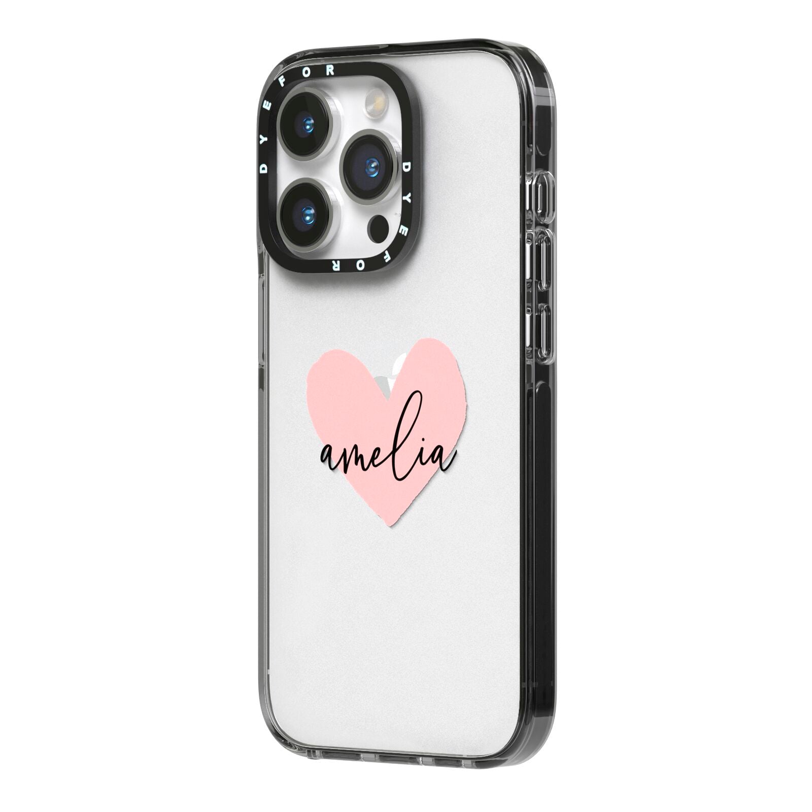 Pink Heart Sketch with Name iPhone 14 Pro Black Impact Case Side Angle on Silver phone