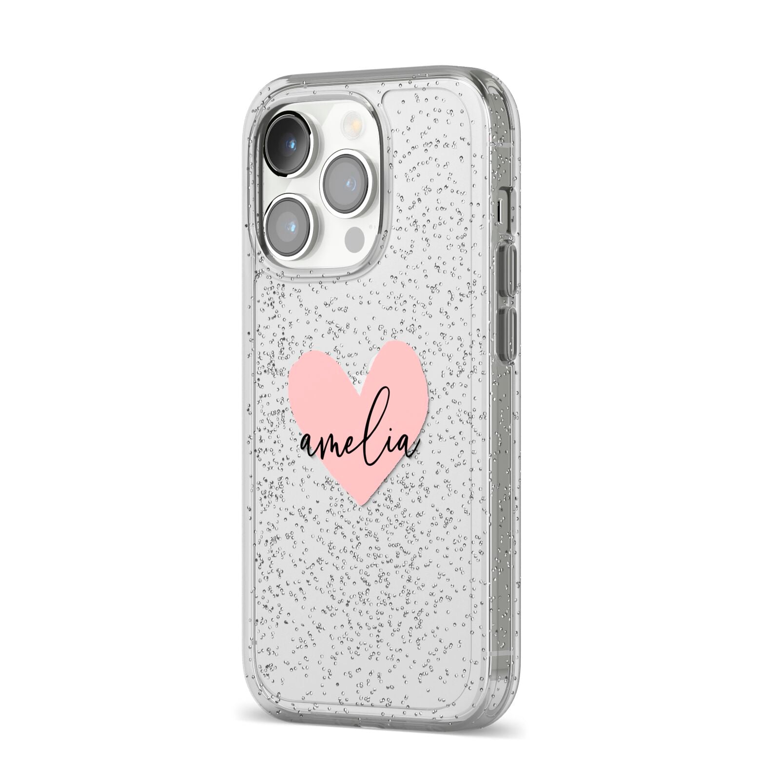 Pink Heart Sketch with Name iPhone 14 Pro Glitter Tough Case Silver Angled Image