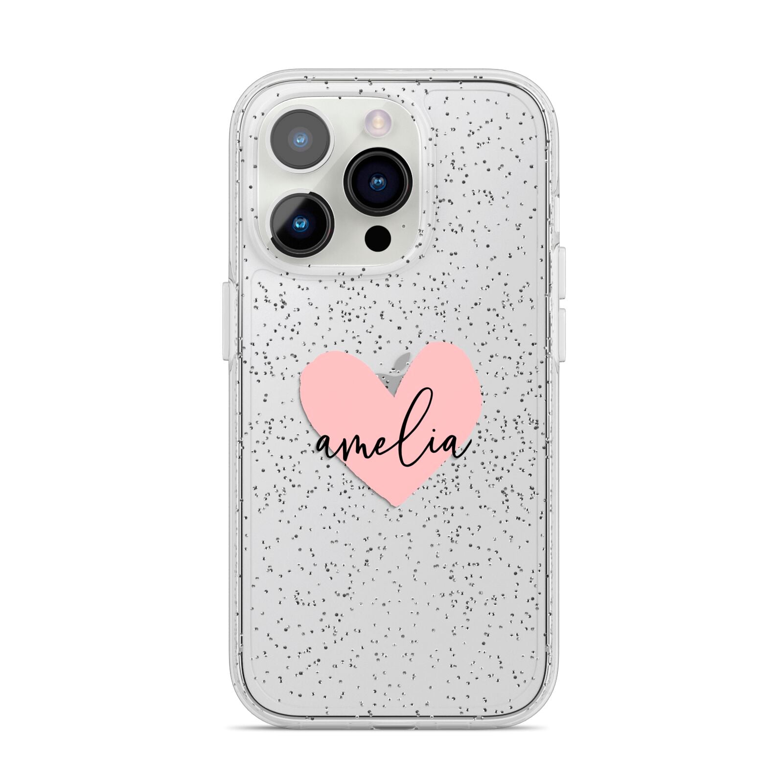 Pink Heart Sketch with Name iPhone 14 Pro Glitter Tough Case Silver