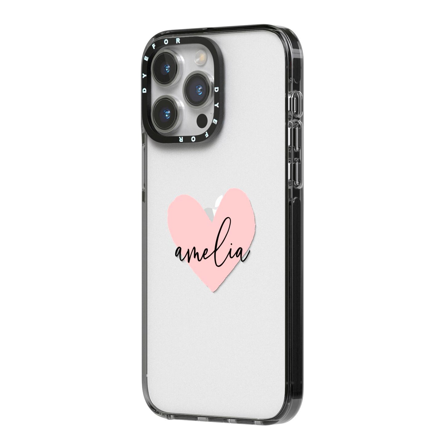 Pink Heart Sketch with Name iPhone 14 Pro Max Black Impact Case Side Angle on Silver phone