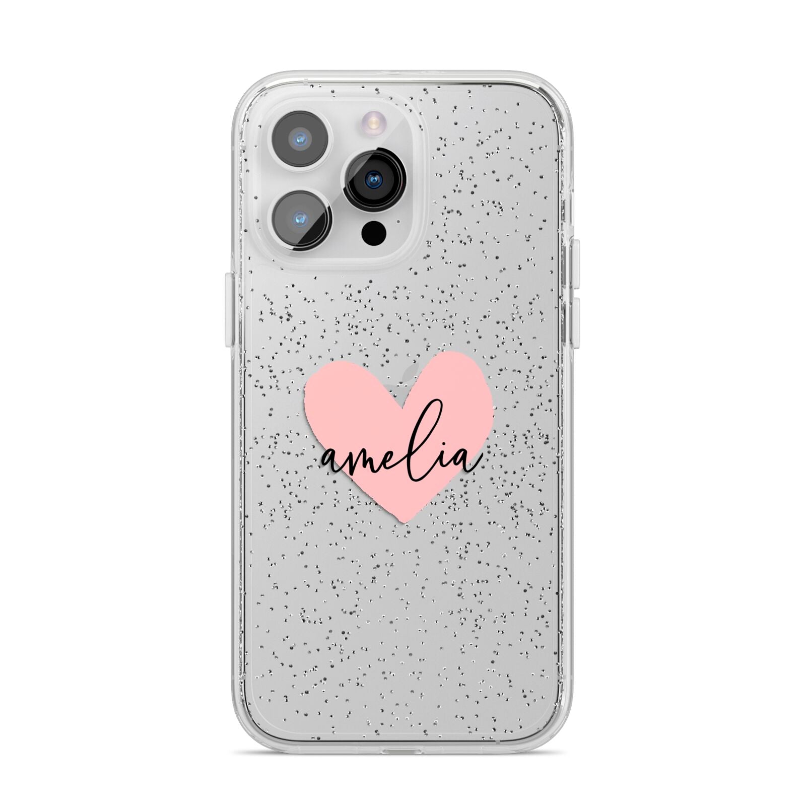 Pink Heart Sketch with Name iPhone 14 Pro Max Glitter Tough Case Silver