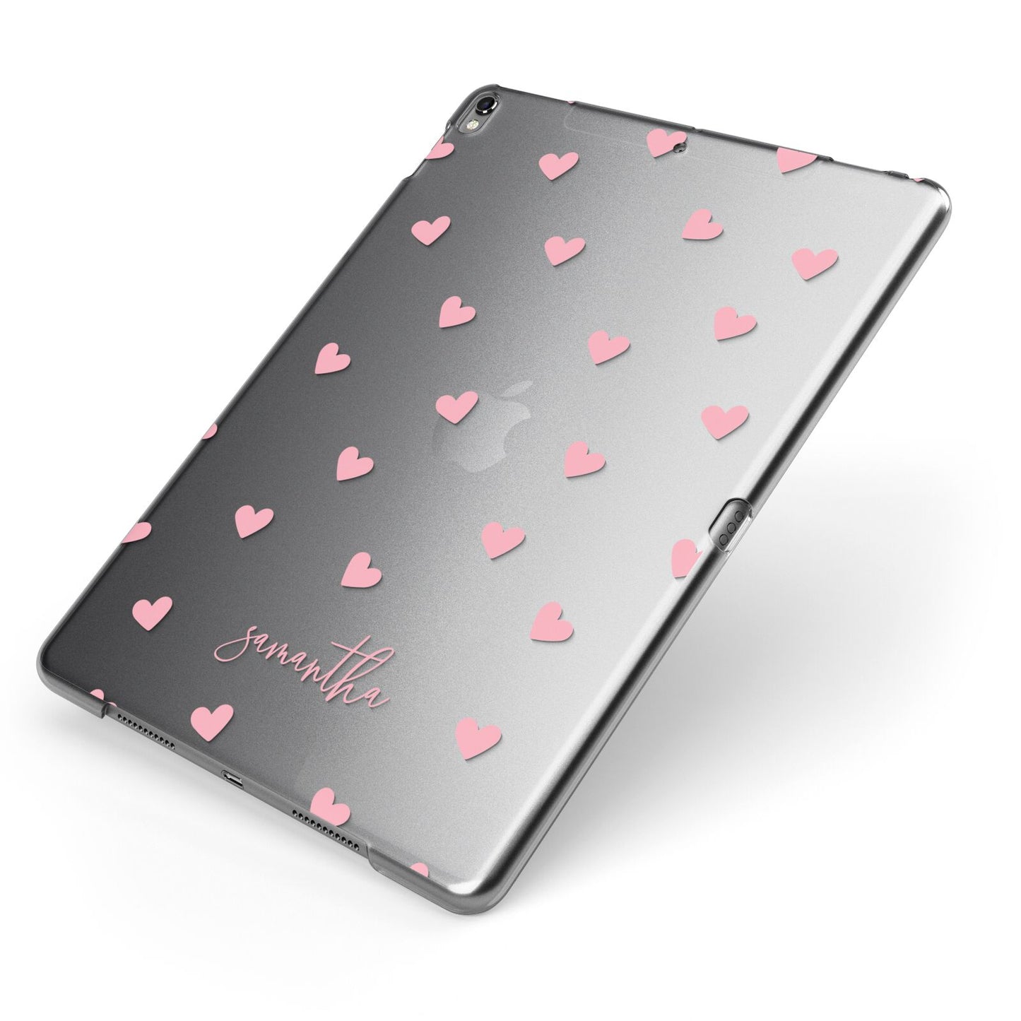 Pink Hearts with Custom Name Apple iPad Case on Grey iPad Side View