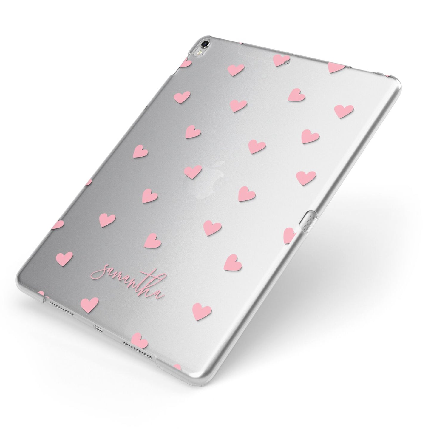 Pink Hearts with Custom Name Apple iPad Case on Silver iPad Side View