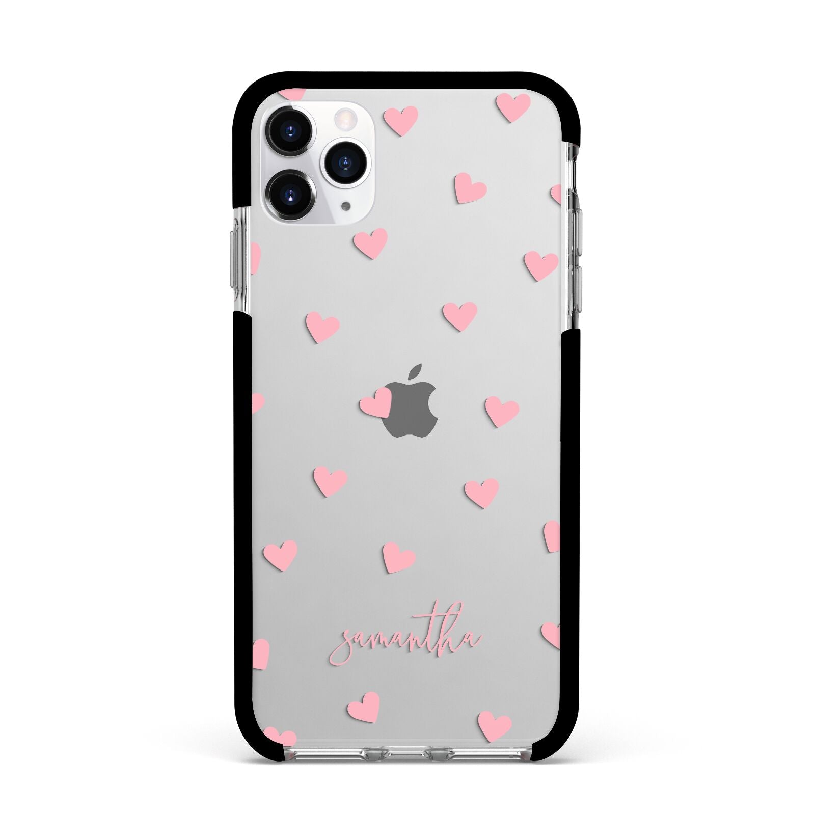 Pink Hearts with Custom Name Apple iPhone 11 Pro Max in Silver with Black Impact Case