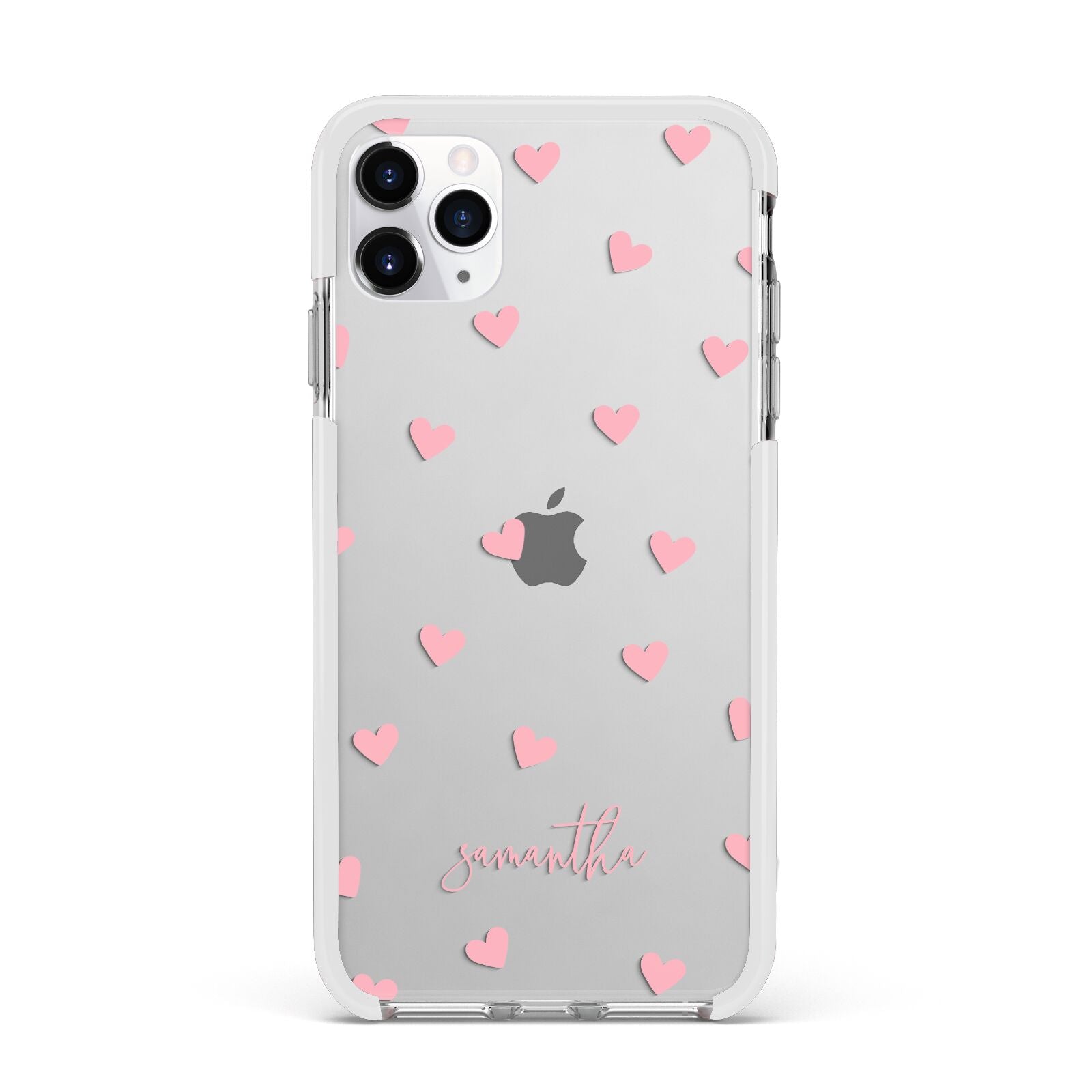 Pink Hearts with Custom Name Apple iPhone 11 Pro Max in Silver with White Impact Case