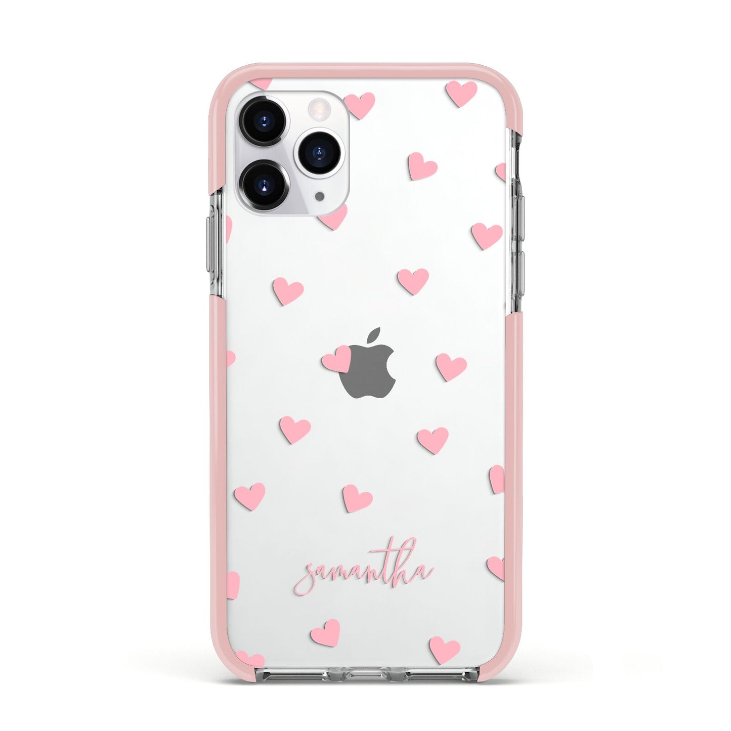 Pink Hearts with Custom Name Apple iPhone 11 Pro in Silver with Pink Impact Case