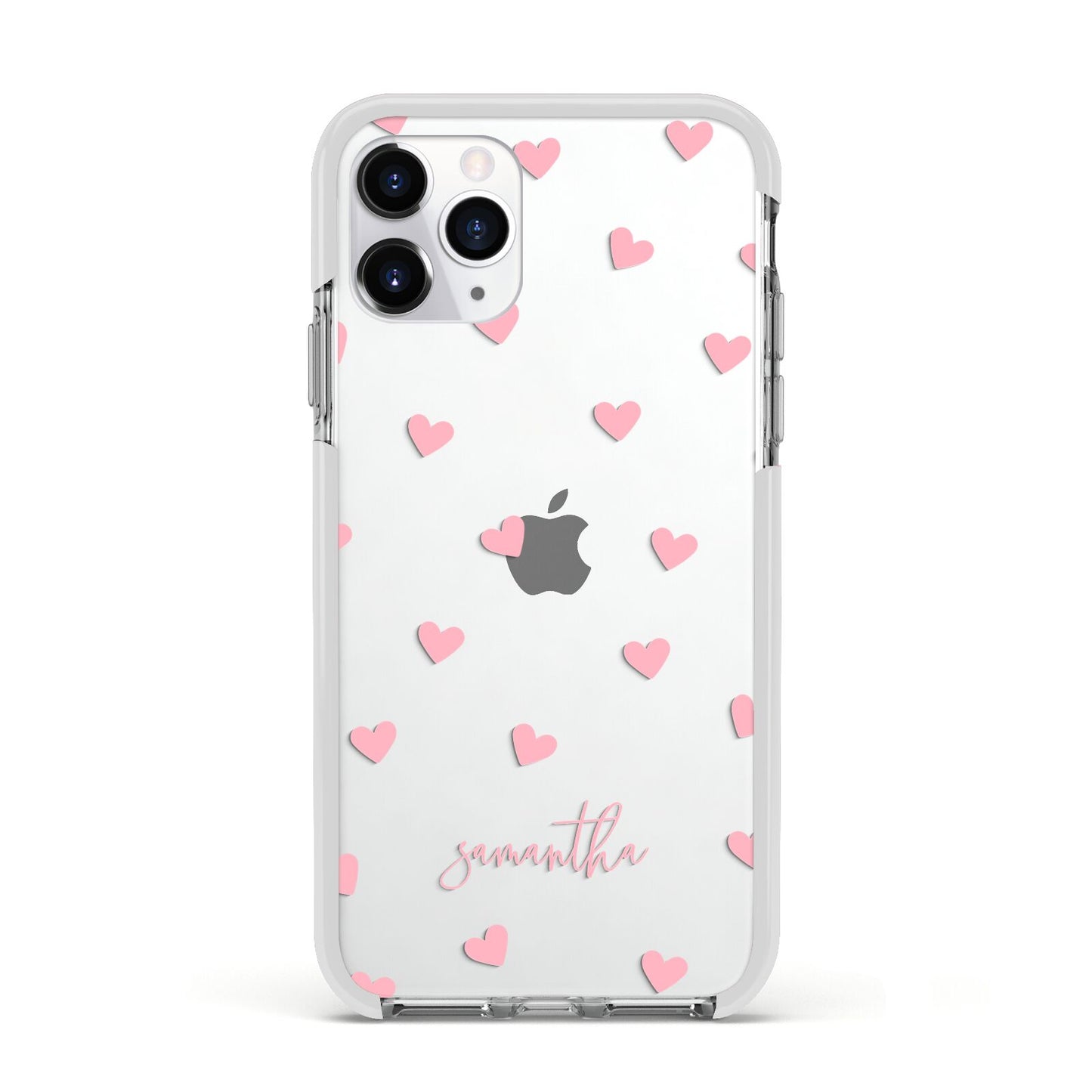Pink Hearts with Custom Name Apple iPhone 11 Pro in Silver with White Impact Case
