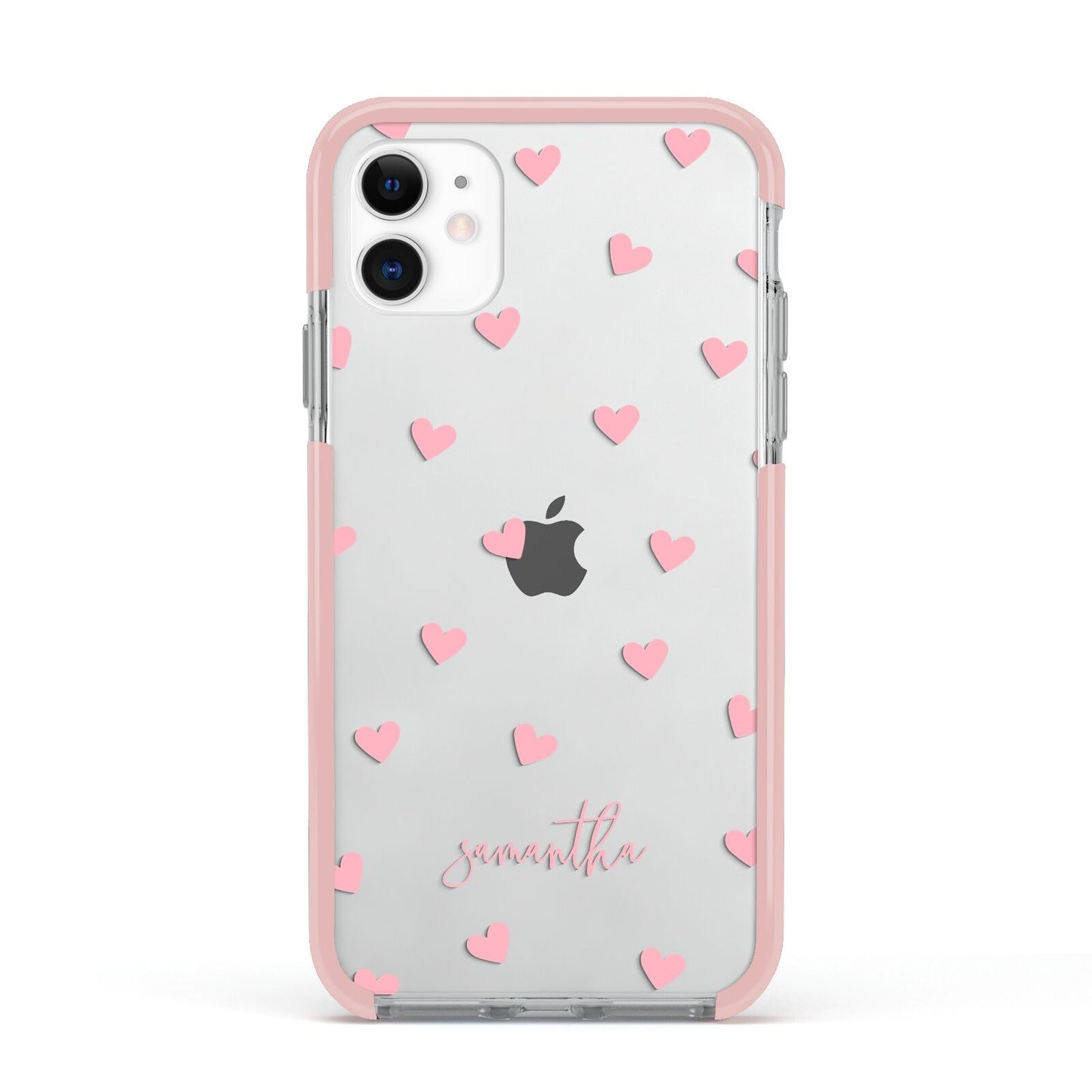 Pink Hearts with Custom Name Apple iPhone 11 in White with Pink Impact Case