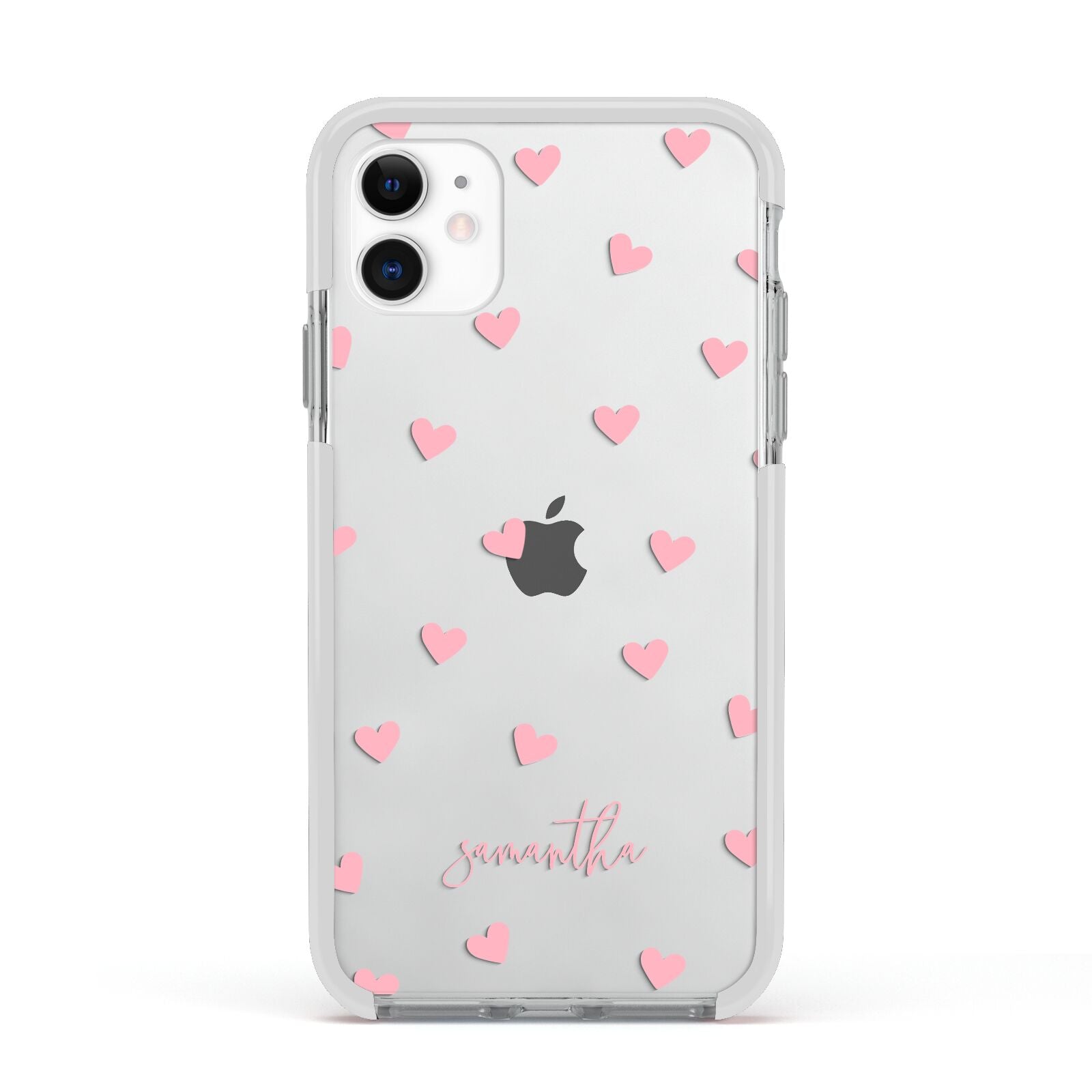 Pink Hearts with Custom Name Apple iPhone 11 in White with White Impact Case