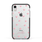Pink Hearts with Custom Name Apple iPhone XR Impact Case Black Edge on Silver Phone