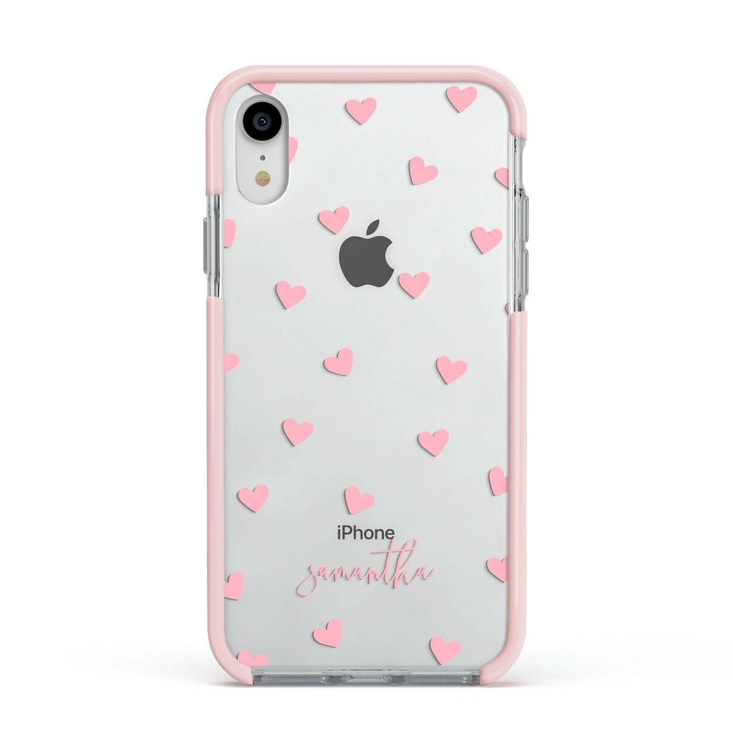 Pink Hearts with Custom Name Apple iPhone XR Impact Case Pink Edge on Silver Phone