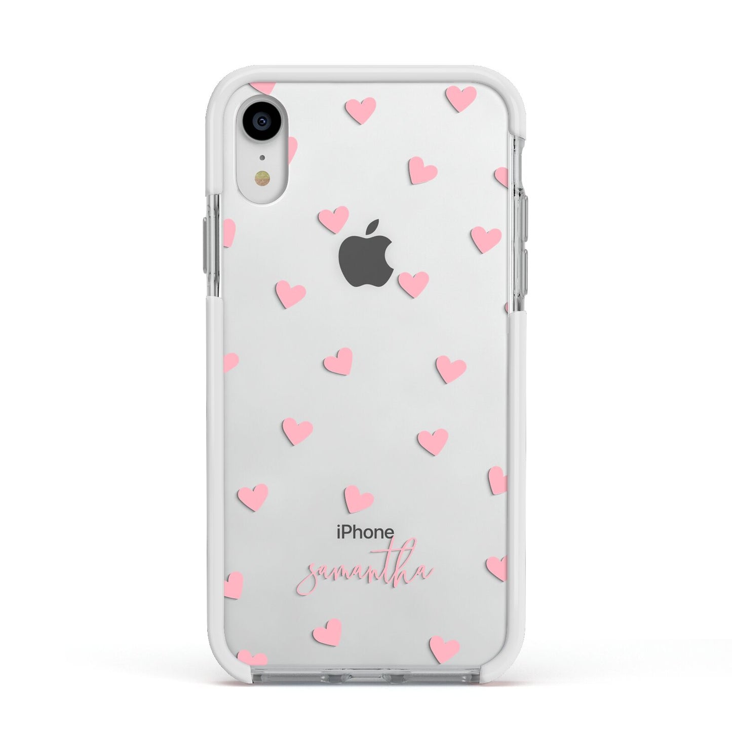 Pink Hearts with Custom Name Apple iPhone XR Impact Case White Edge on Silver Phone