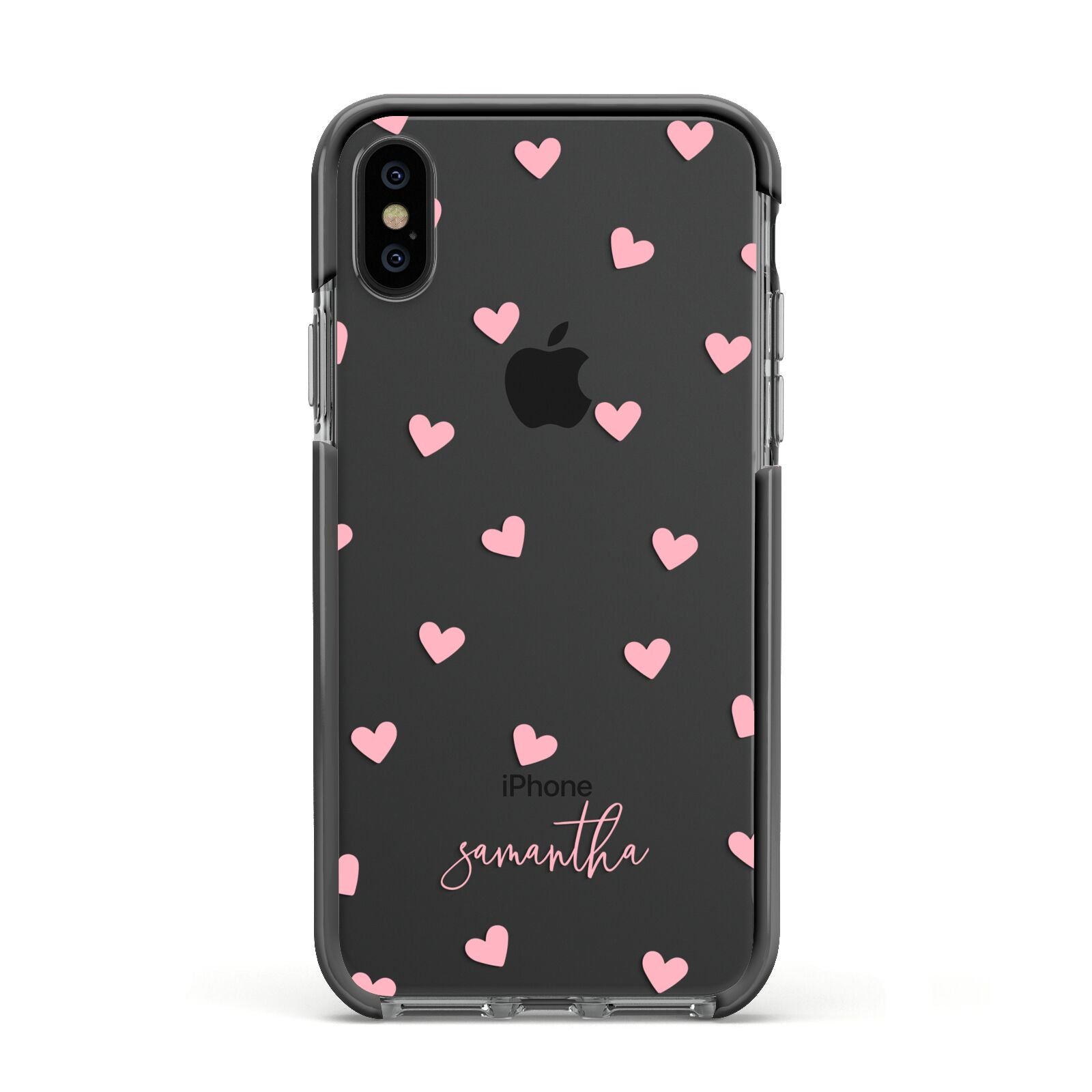 Pink Hearts with Custom Name Apple iPhone Xs Impact Case Black Edge on Black Phone