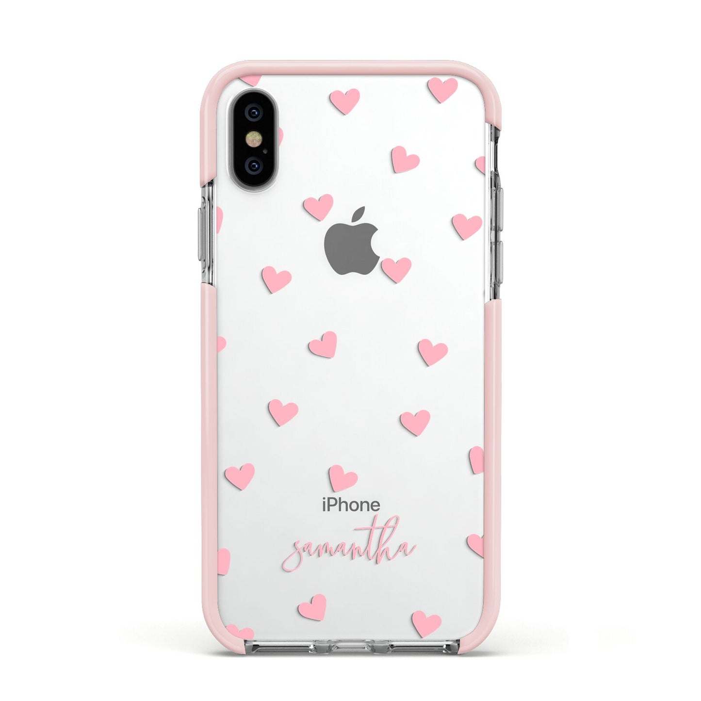 Pink Hearts with Custom Name Apple iPhone Xs Impact Case Pink Edge on Silver Phone