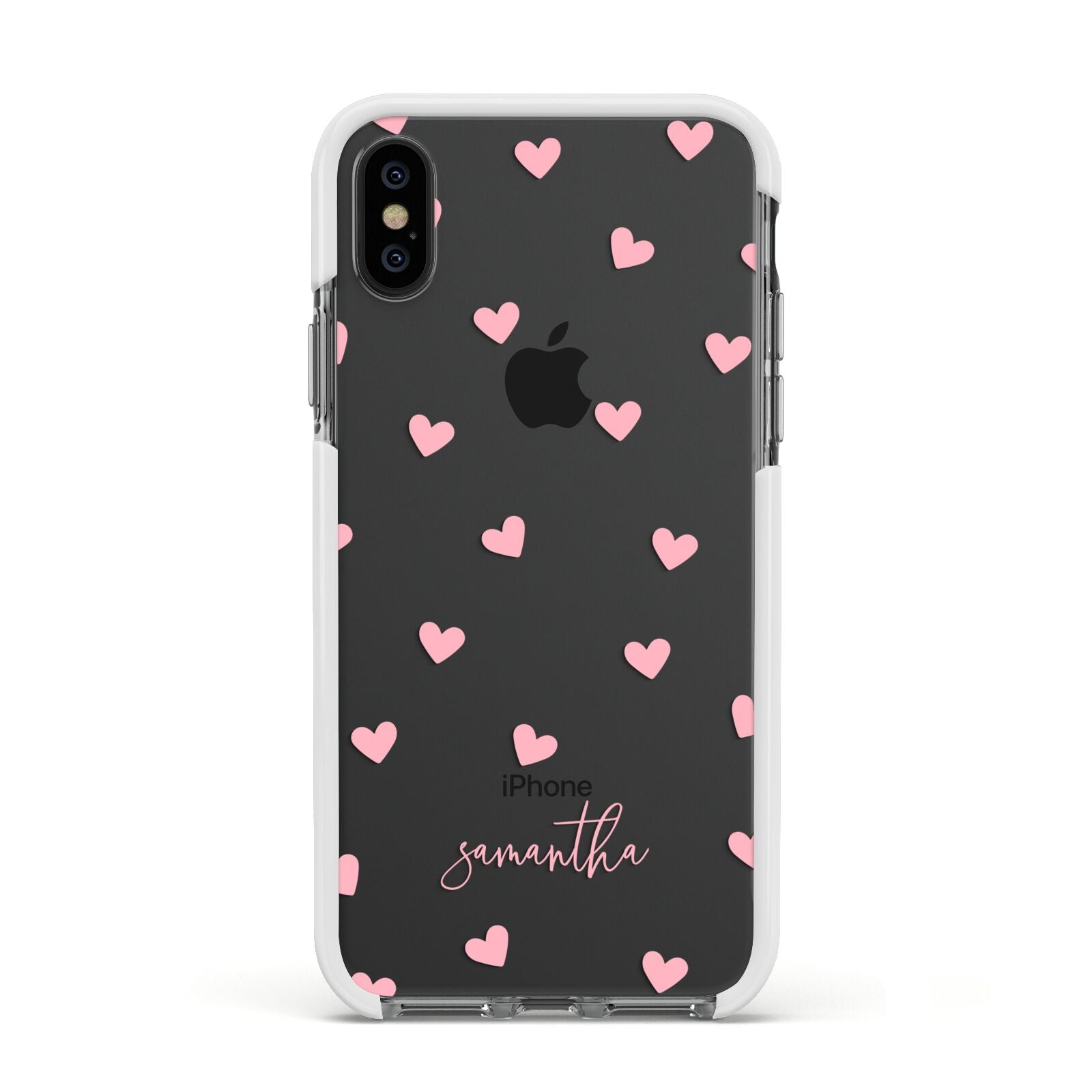 Pink Hearts with Custom Name Apple iPhone Xs Impact Case White Edge on Black Phone