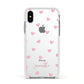Pink Hearts with Custom Name Apple iPhone Xs Impact Case White Edge on Silver Phone