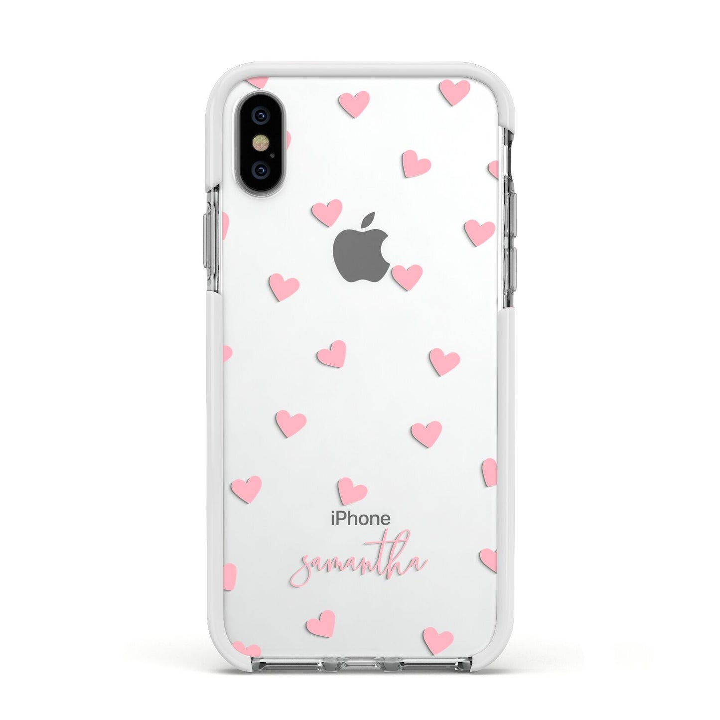 Pink Hearts with Custom Name Apple iPhone Xs Impact Case White Edge on Silver Phone