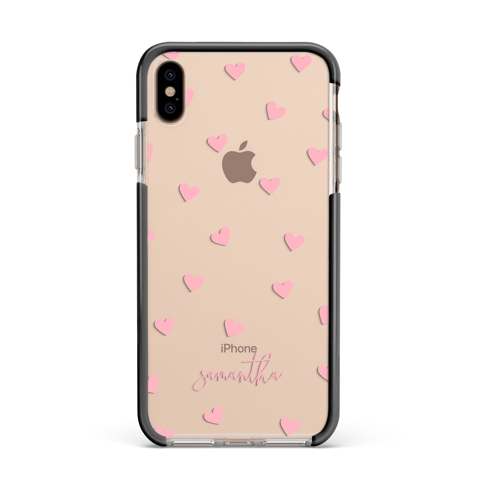 Pink Hearts with Custom Name Apple iPhone Xs Max Impact Case Black Edge on Gold Phone