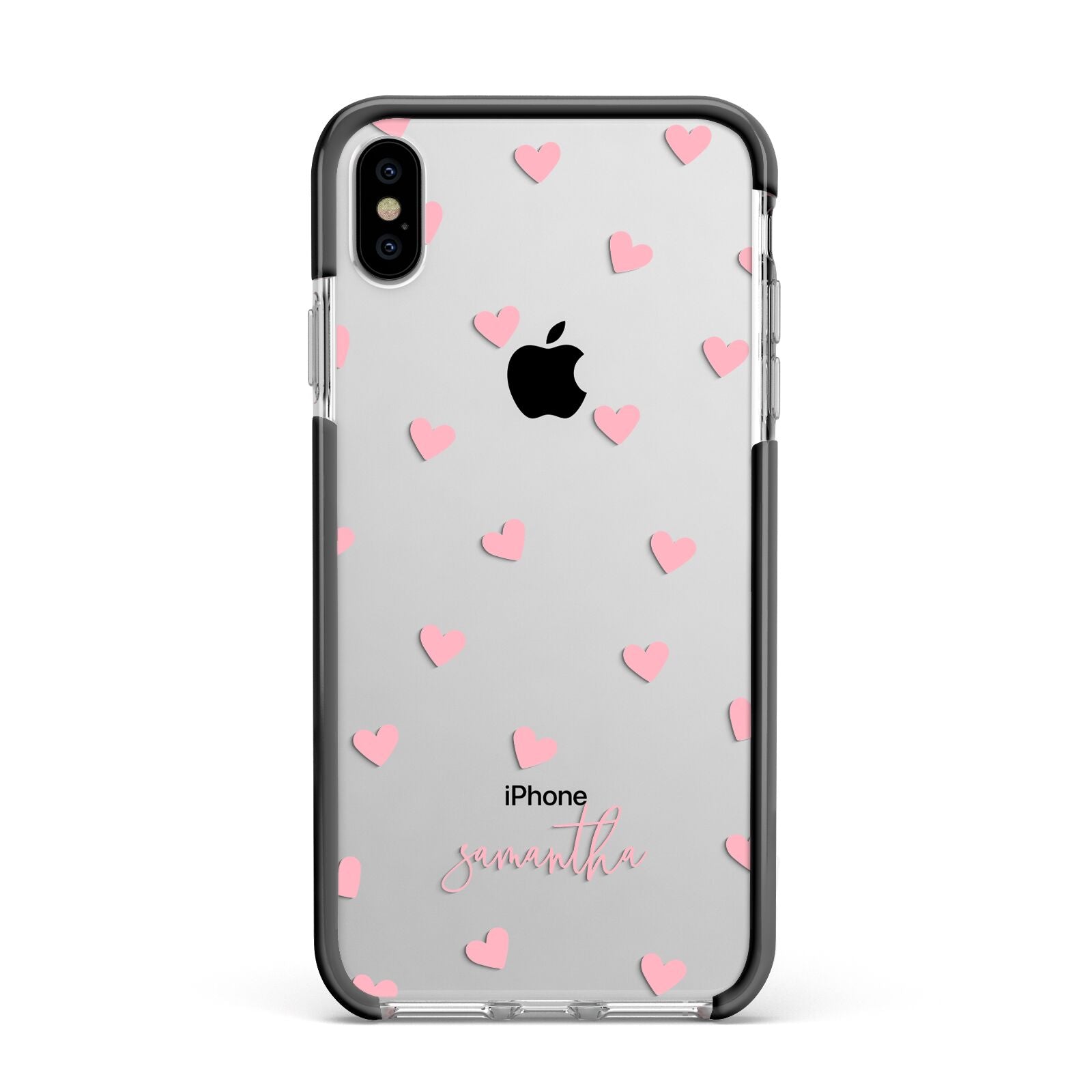 Pink Hearts with Custom Name Apple iPhone Xs Max Impact Case Black Edge on Silver Phone