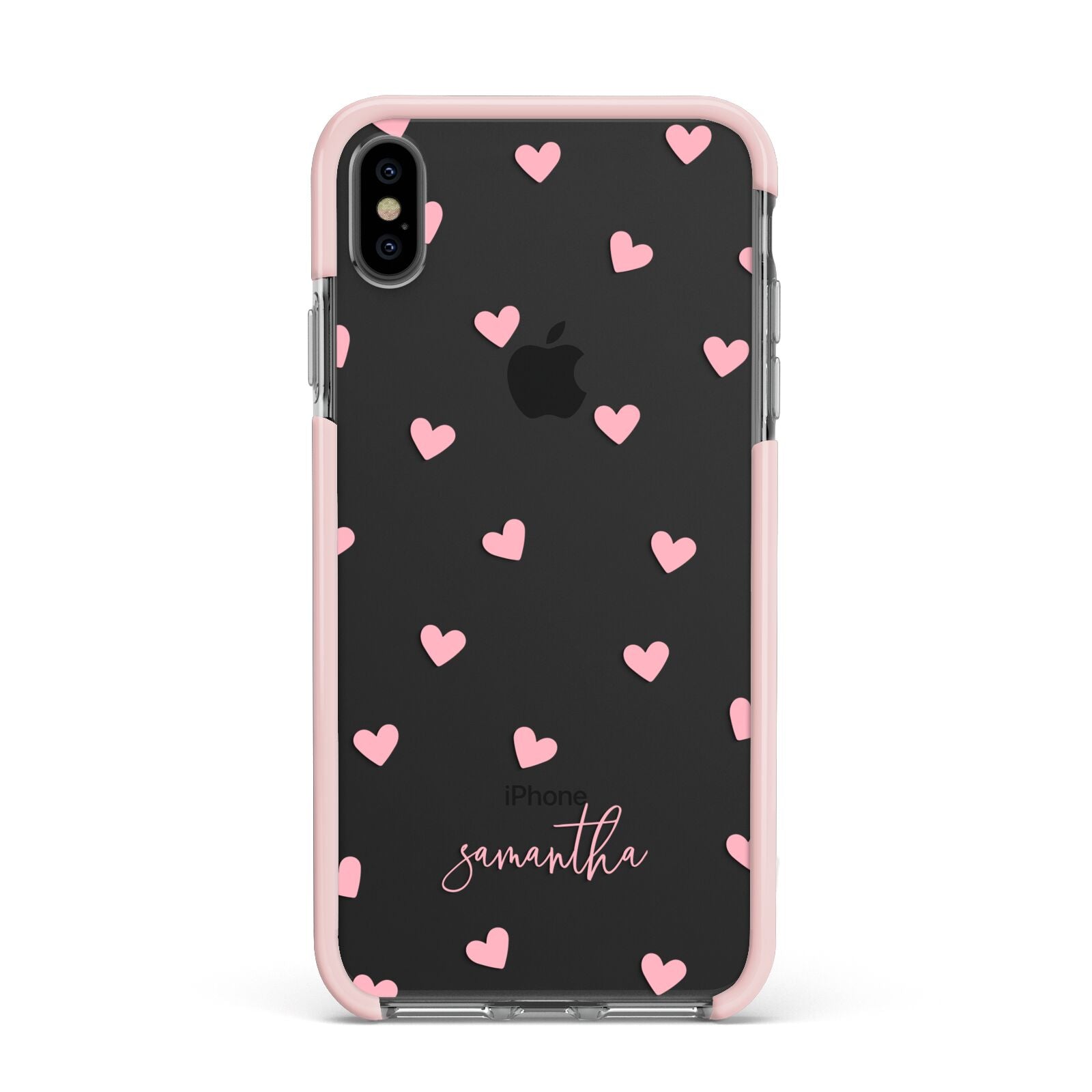 Pink Hearts with Custom Name Apple iPhone Xs Max Impact Case Pink Edge on Black Phone