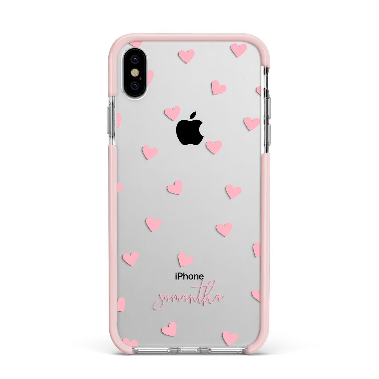Pink Hearts with Custom Name Apple iPhone Xs Max Impact Case Pink Edge on Silver Phone