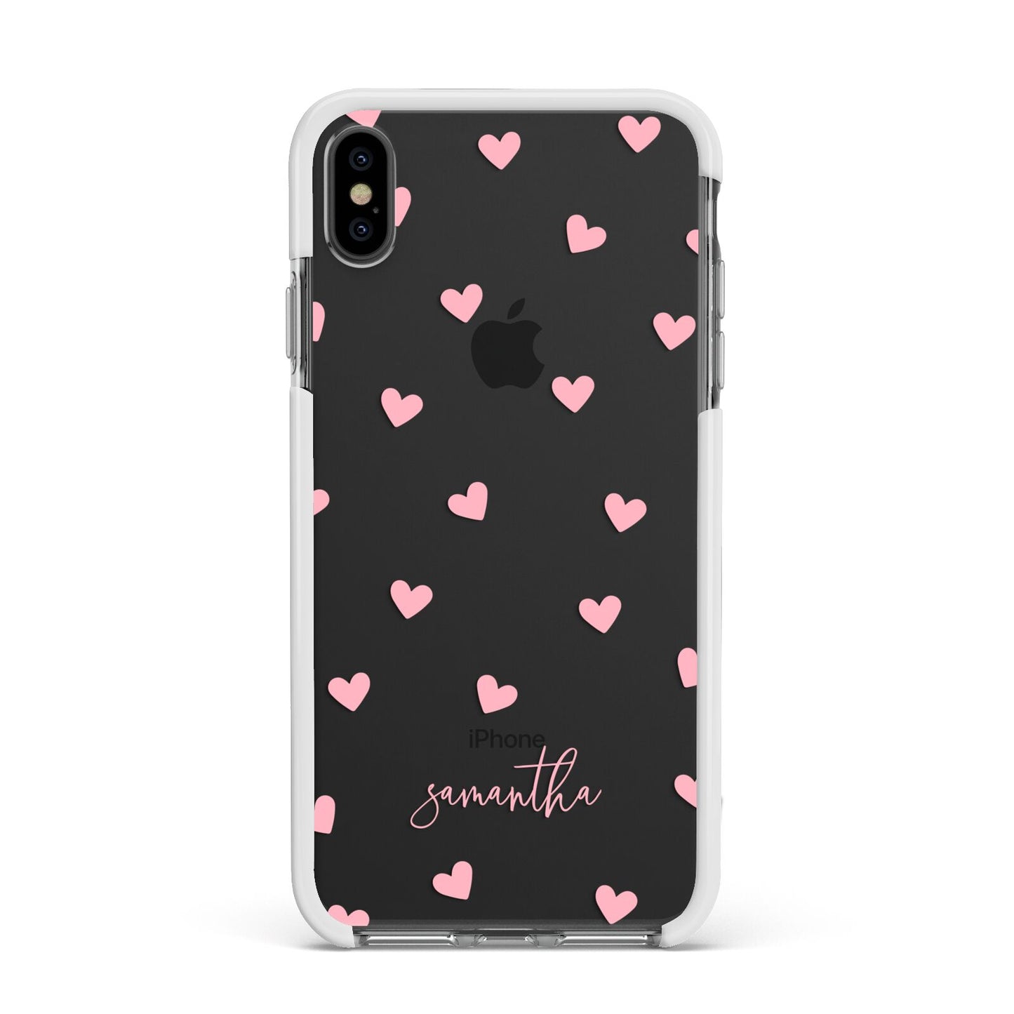 Pink Hearts with Custom Name Apple iPhone Xs Max Impact Case White Edge on Black Phone