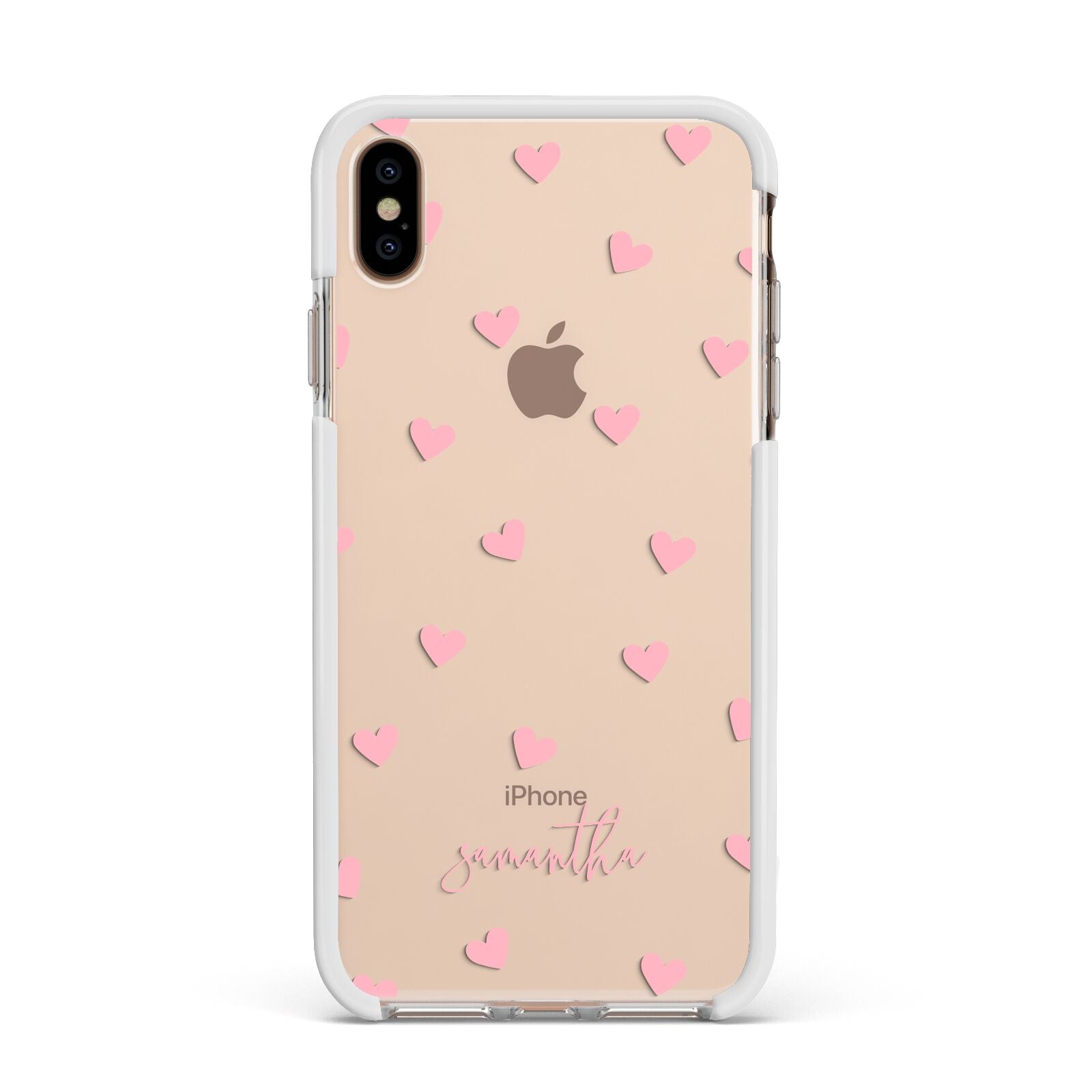 Pink Hearts with Custom Name Apple iPhone Xs Max Impact Case White Edge on Gold Phone