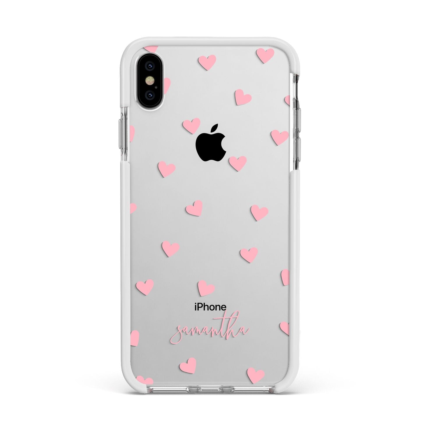 Pink Hearts with Custom Name Apple iPhone Xs Max Impact Case White Edge on Silver Phone