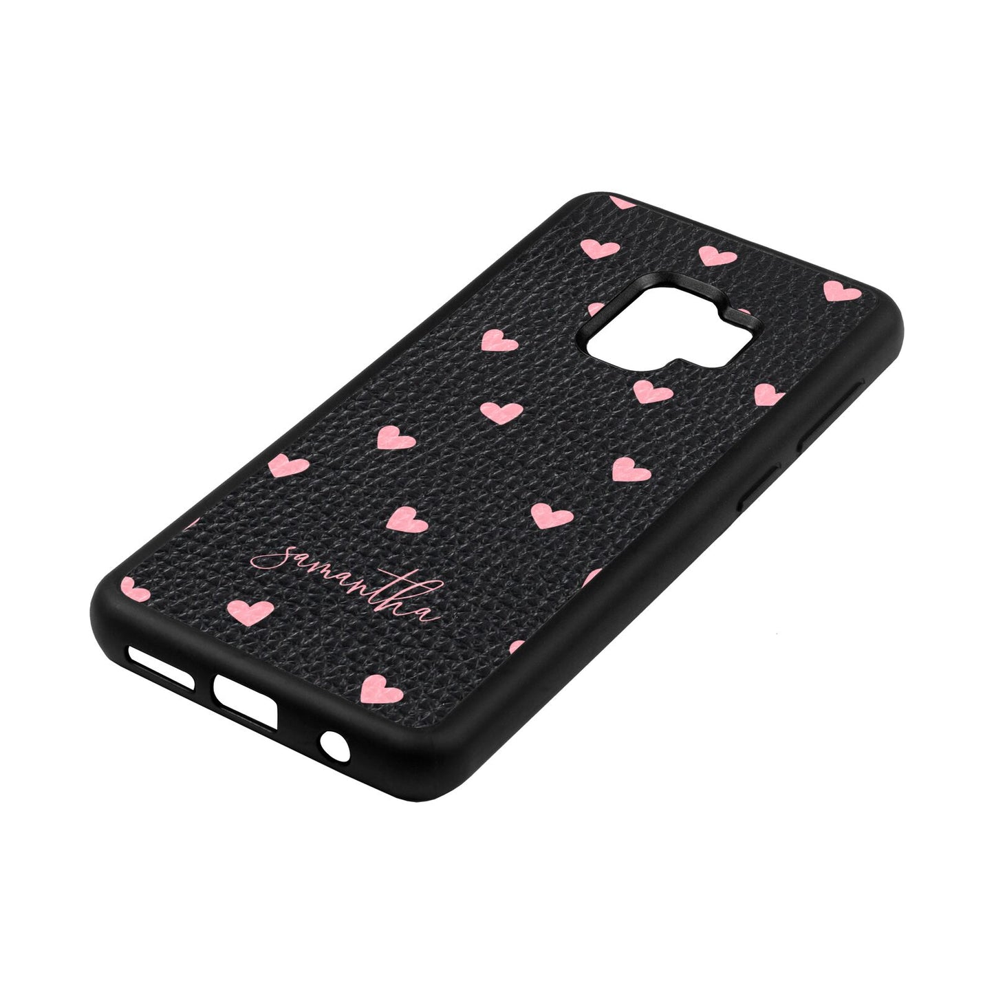 Pink Hearts with Custom Name Black Pebble Leather Samsung S9 Case Side Angle