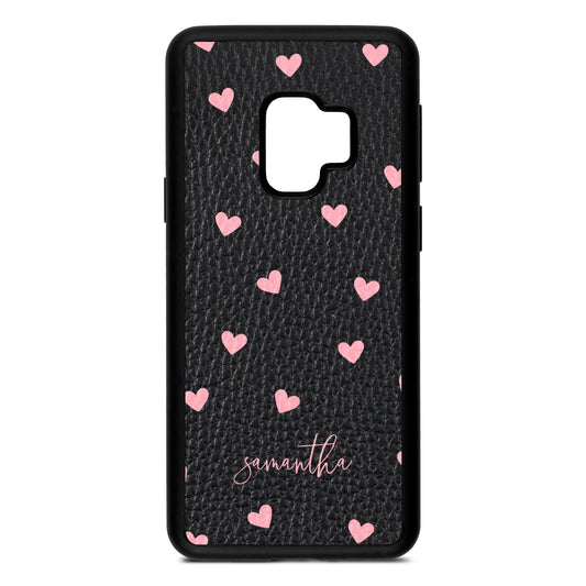 Pink Hearts with Custom Name Black Pebble Leather Samsung S9 Case