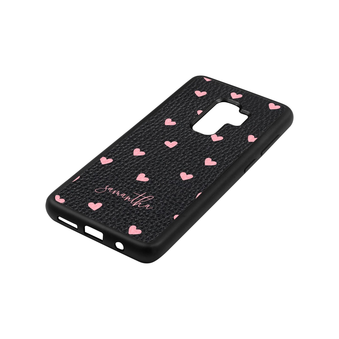 Pink Hearts with Custom Name Black Pebble Leather Samsung S9 Plus Case Side Angle