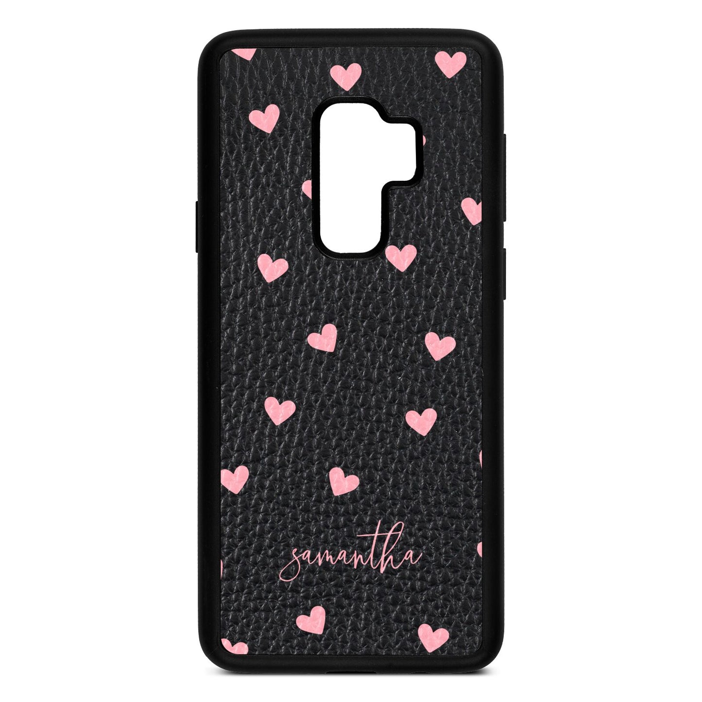 Pink Hearts with Custom Name Black Pebble Leather Samsung S9 Plus Case