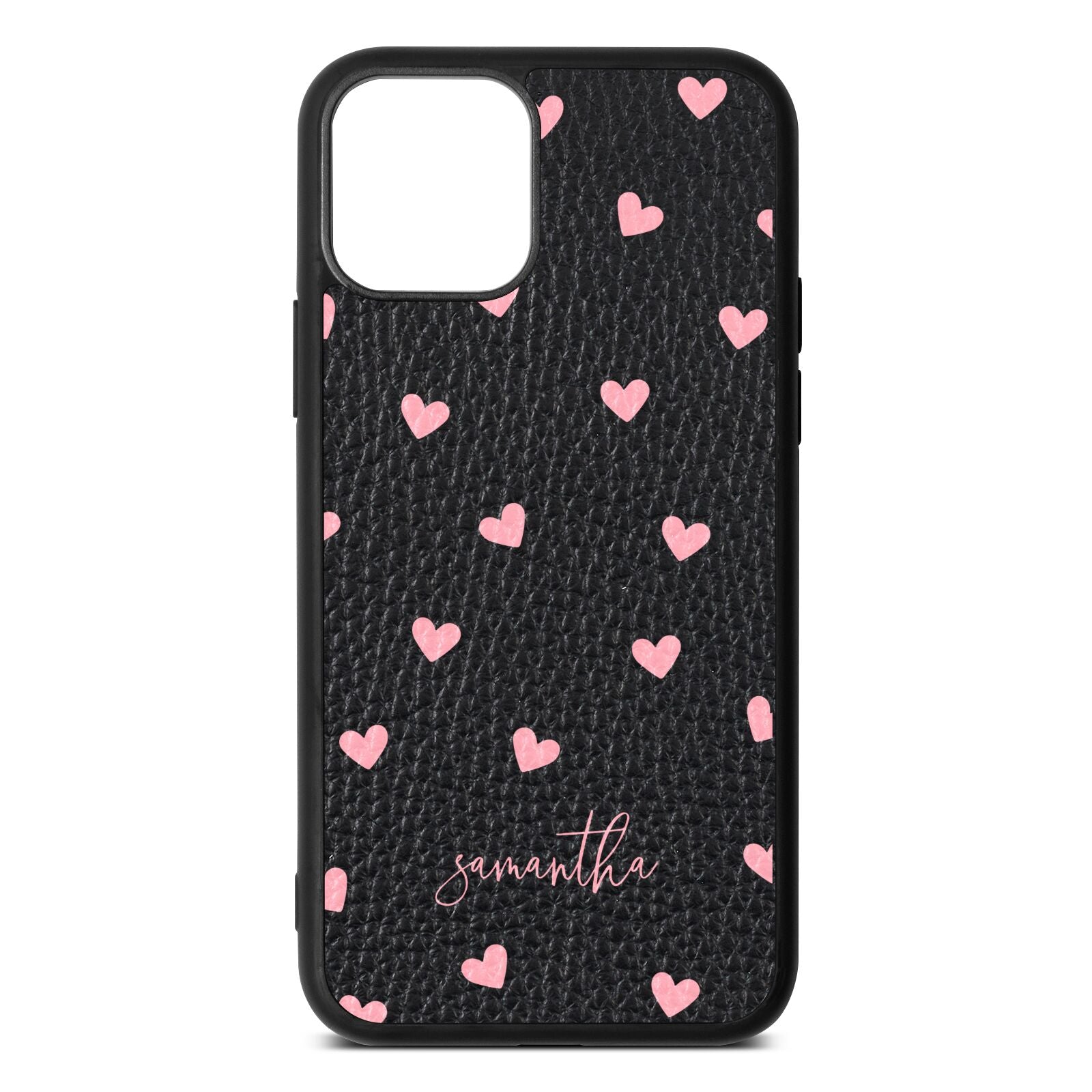 Pink Hearts with Custom Name Black Pebble Leather iPhone 11 Pro Case