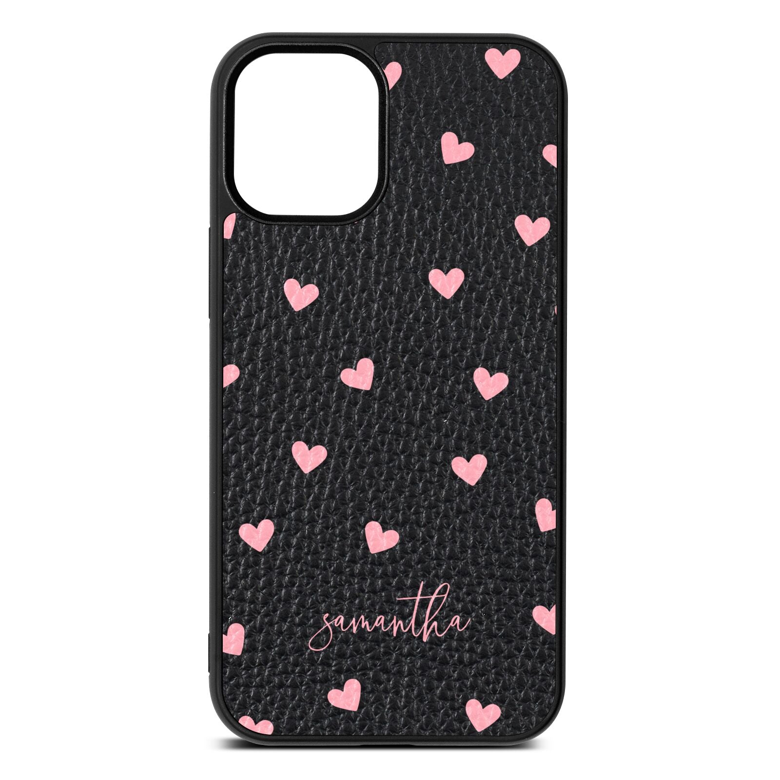 Pink Hearts with Custom Name Black Pebble Leather iPhone 12 Mini Case