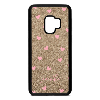 Pink Hearts with Custom Name Gold Pebble Leather Samsung S9 Case