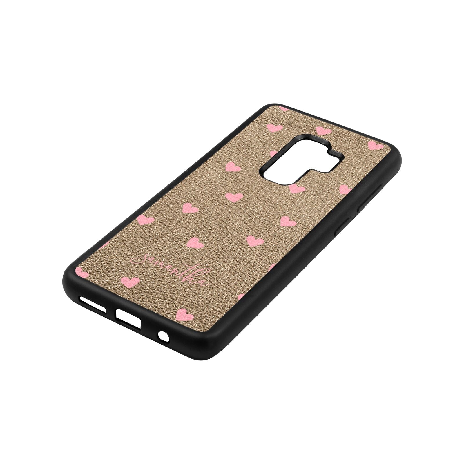 Pink Hearts with Custom Name Gold Pebble Leather Samsung S9 Plus Case Side Angle