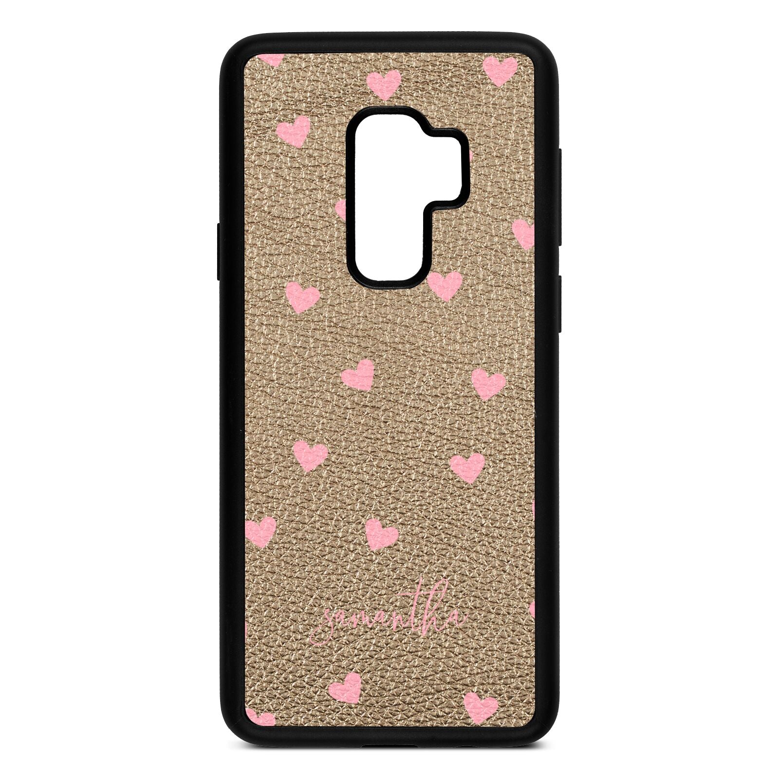 Pink Hearts with Custom Name Gold Pebble Leather Samsung S9 Plus Case