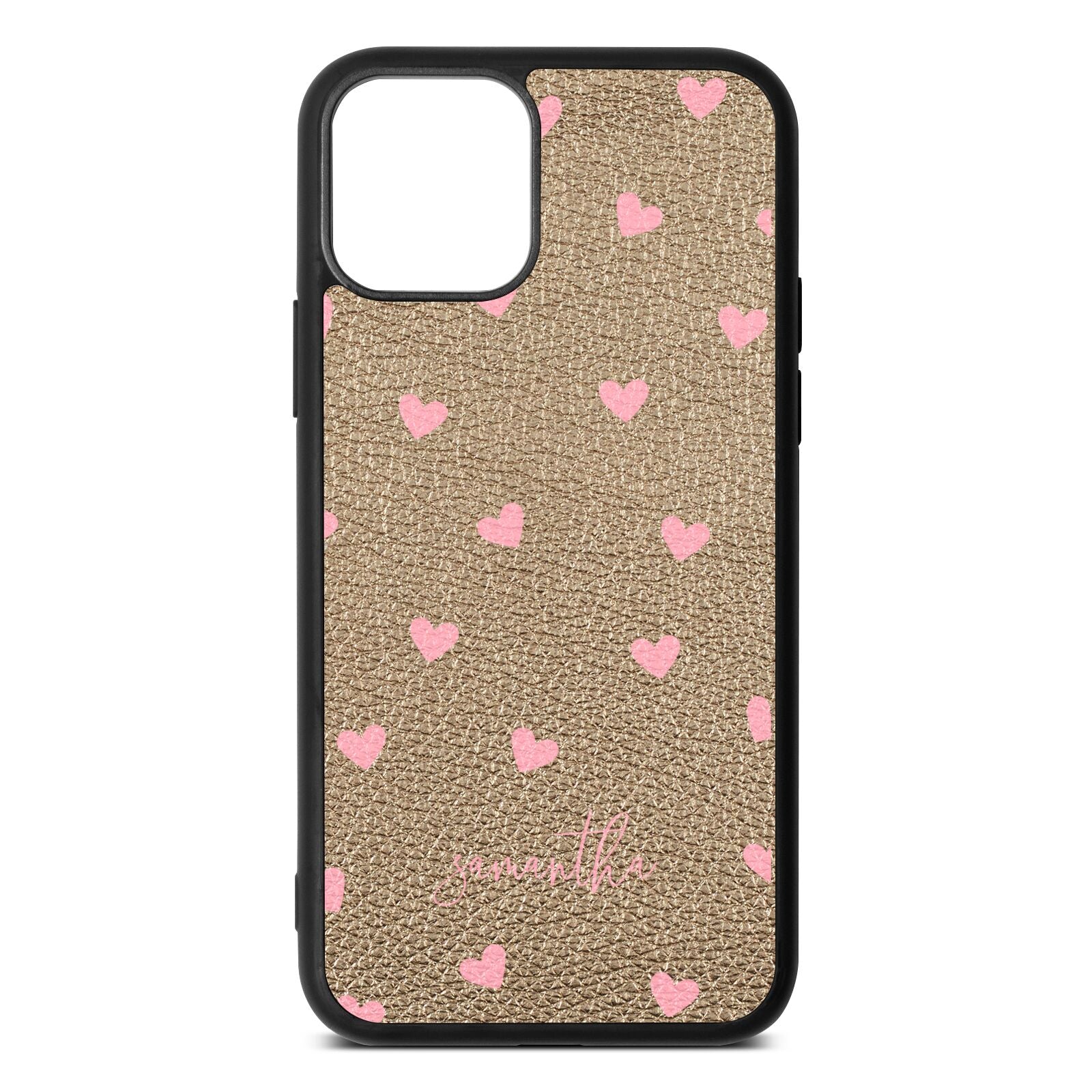 Pink Hearts with Custom Name Gold Pebble Leather iPhone 11 Case