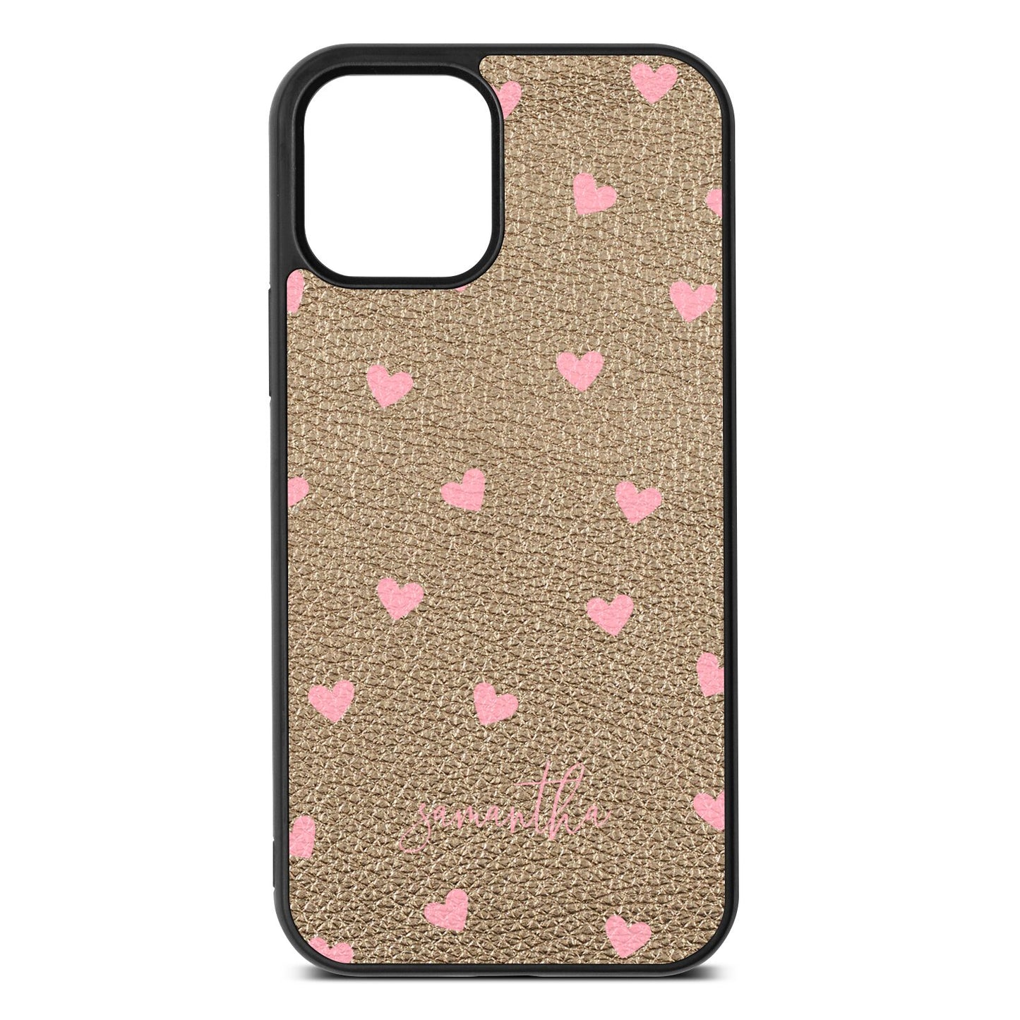 Pink Hearts with Custom Name Gold Pebble Leather iPhone 12 Case