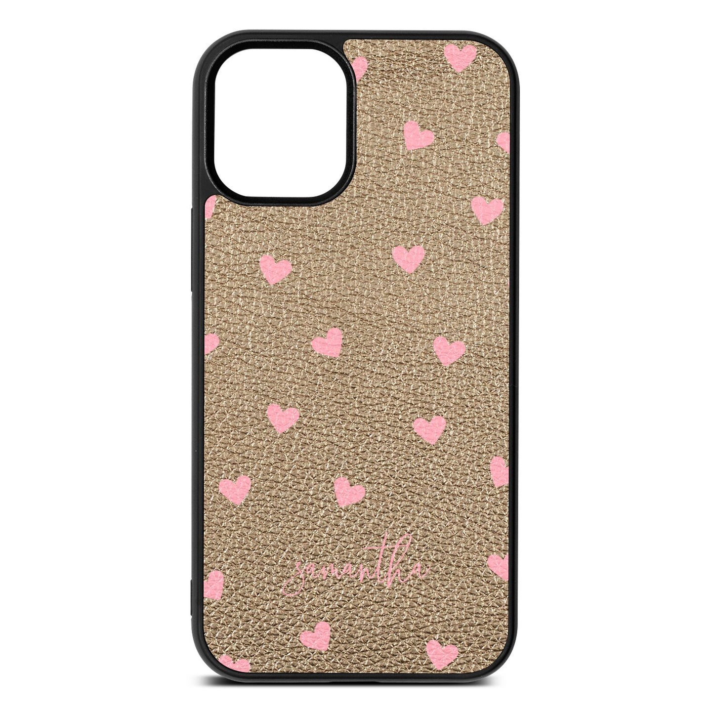 Pink Hearts with Custom Name Gold Pebble Leather iPhone 12 Mini Case