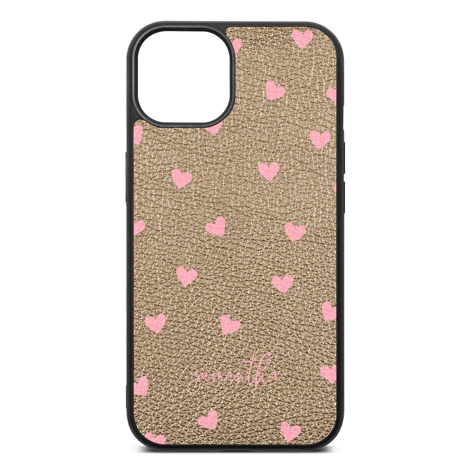 Pink Hearts with Custom Name Gold Pebble Leather iPhone 13 Case