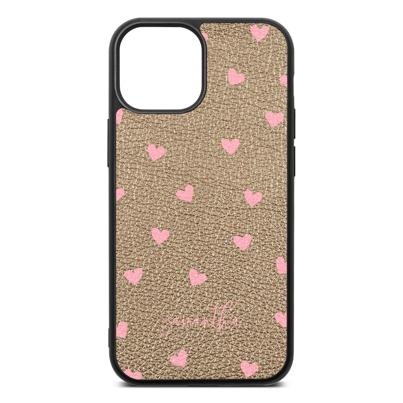 Pink Hearts with Custom Name Gold Pebble Leather iPhone 13 Mini Case