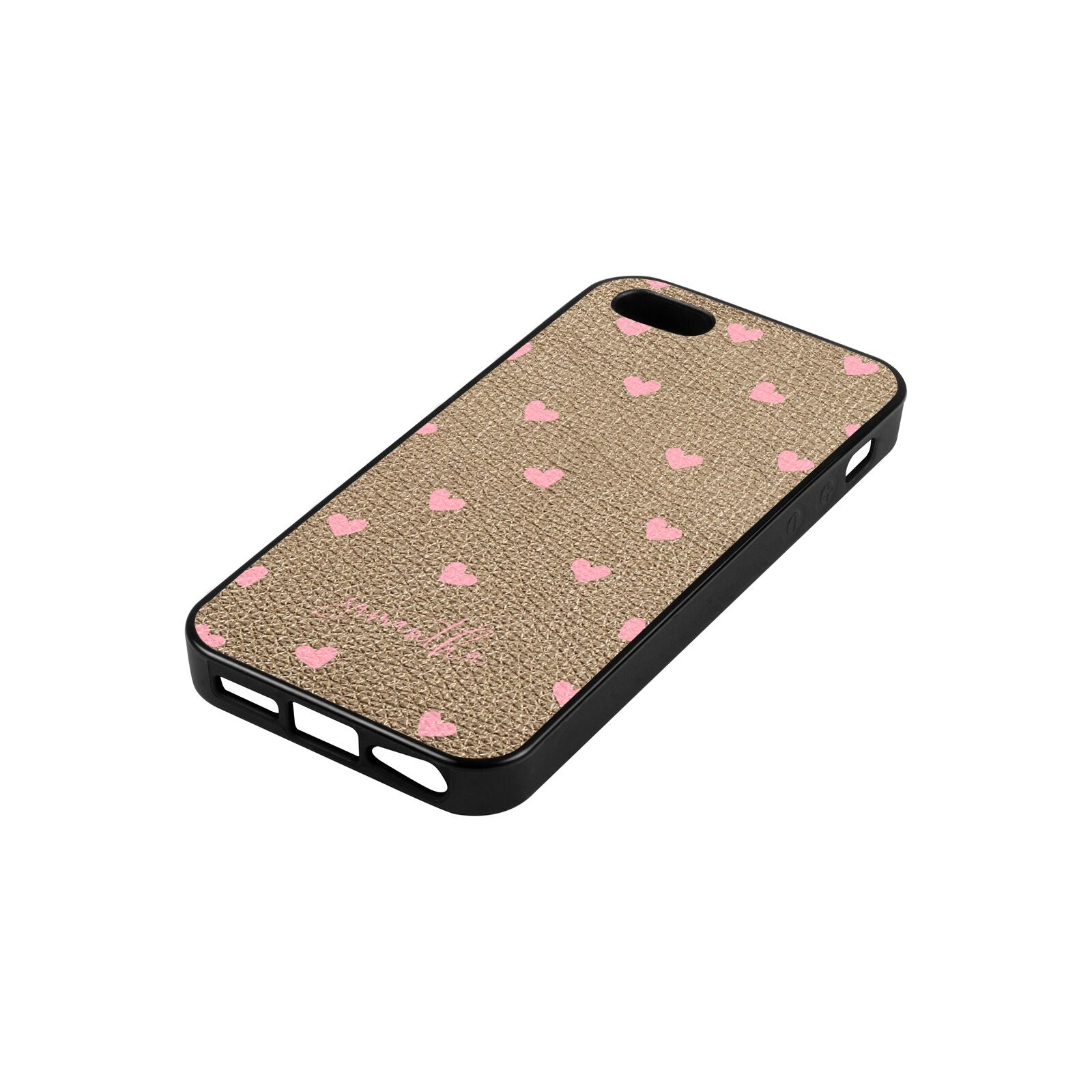 Pink Hearts with Custom Name Gold Pebble Leather iPhone 5 Case Side Angle