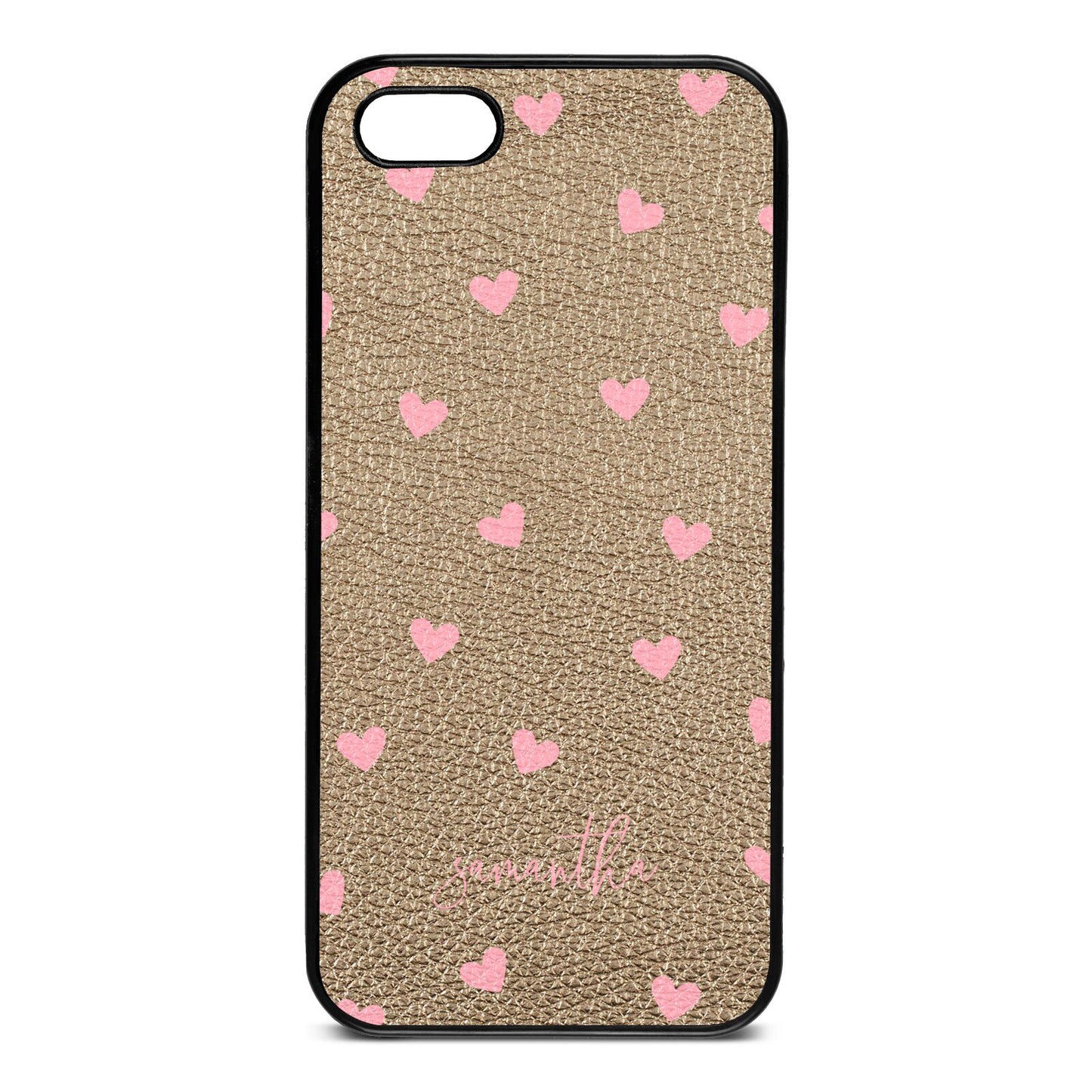 Pink Hearts with Custom Name Gold Pebble Leather iPhone 5 Case