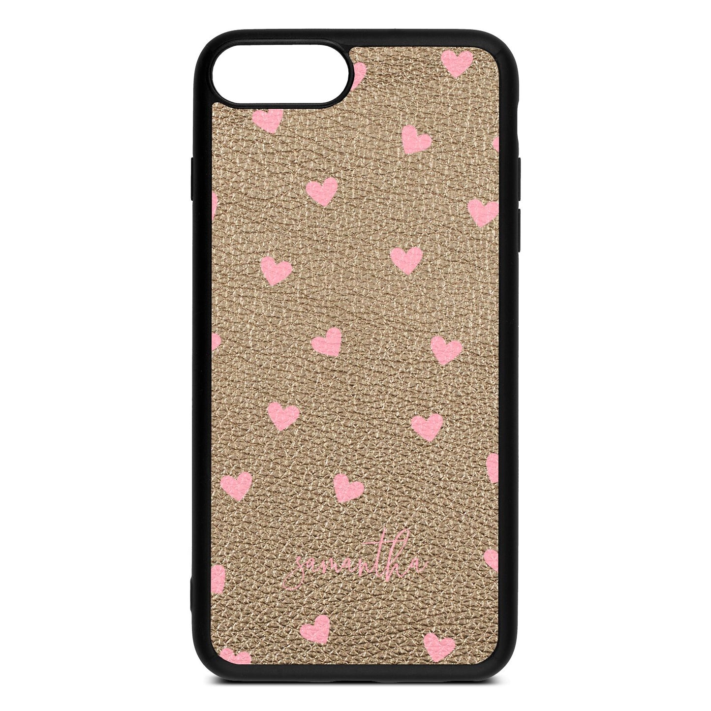 Pink Hearts with Custom Name Gold Pebble Leather iPhone 8 Plus Case